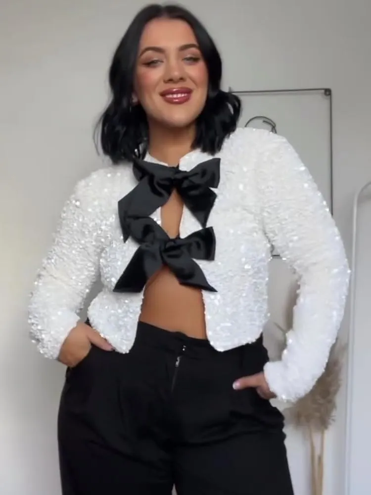 Women's Casual Sequin Jackets Bow Coats Sparkling Holiday Party Y2k Cropped Tops