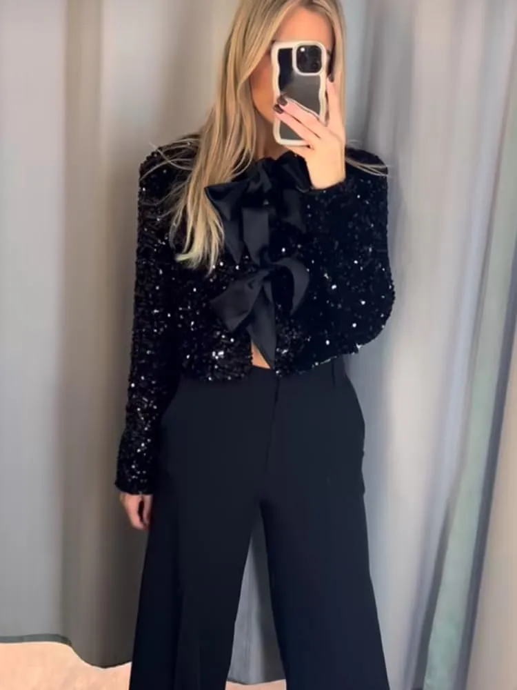 Women's Casual Sequin Jackets Bow Coats Sparkling Holiday Party Y2k Cropped Tops