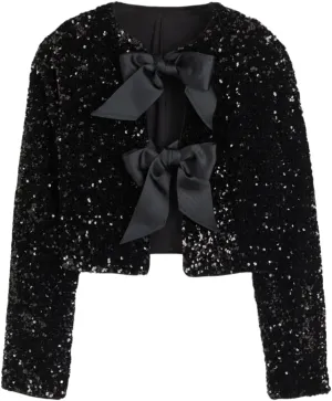 Women's Casual Sequin Jackets Bow Coats Sparkling Holiday Party Y2k Cropped Tops