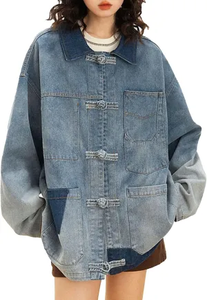Women's Chinese Style Traditional Button Jean Jacket Oversize Long Sleeve Patchwork Y2K Denim Jacket Party Club Outwear