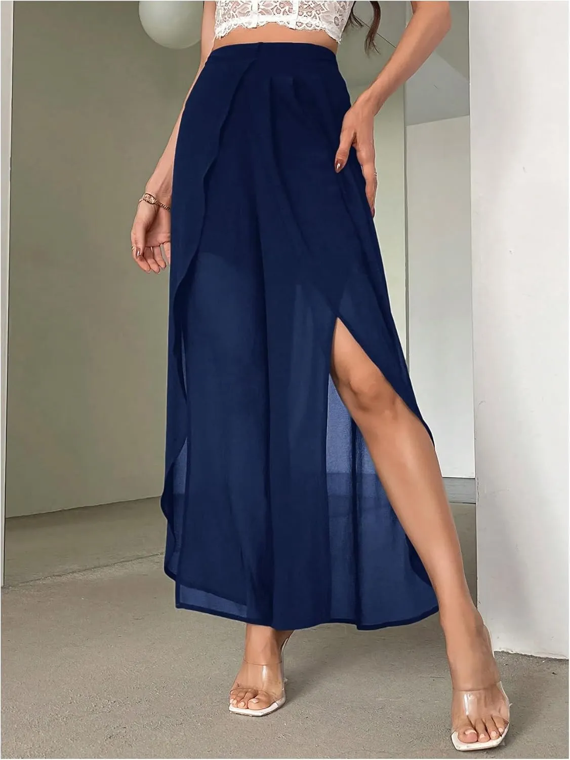 Women's High Waisted Split Pants Straight Leg Loose FIt Sheer Long Trousers