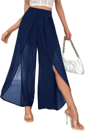 Women's High Waisted Split Pants Straight Leg Loose FIt Sheer Long Trousers