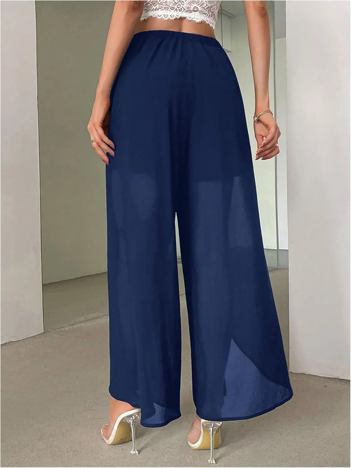 Women's High Waisted Split Pants Straight Leg Loose FIt Sheer Long Trousers