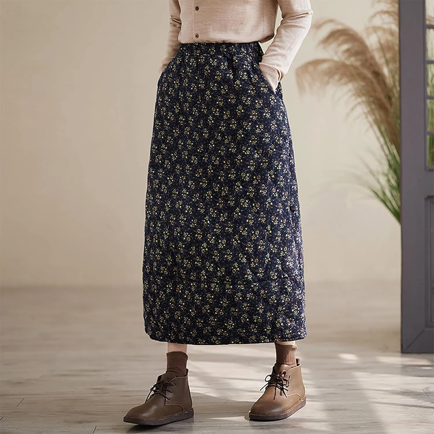 Womens Insulated Long Down Skirt Winter Warm Padded Puffer Quilted Skirt with Pockets Windproof A-Line Skirt