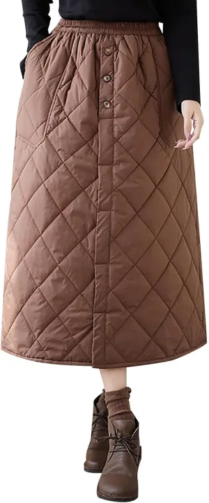 Womens Insulated Long Down Skirt Winter Warm Padded Puffer Quilted Skirt with Pockets Windproof A-Line Skirt