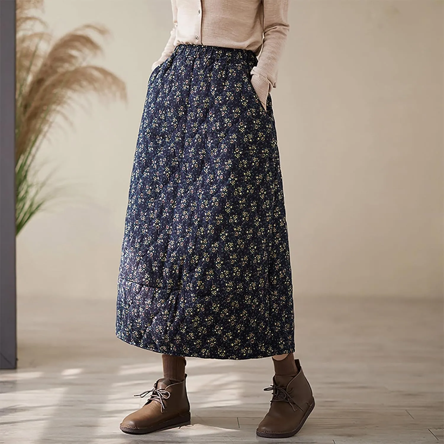 Womens Insulated Long Down Skirt Winter Warm Padded Puffer Quilted Skirt with Pockets Windproof A-Line Skirt