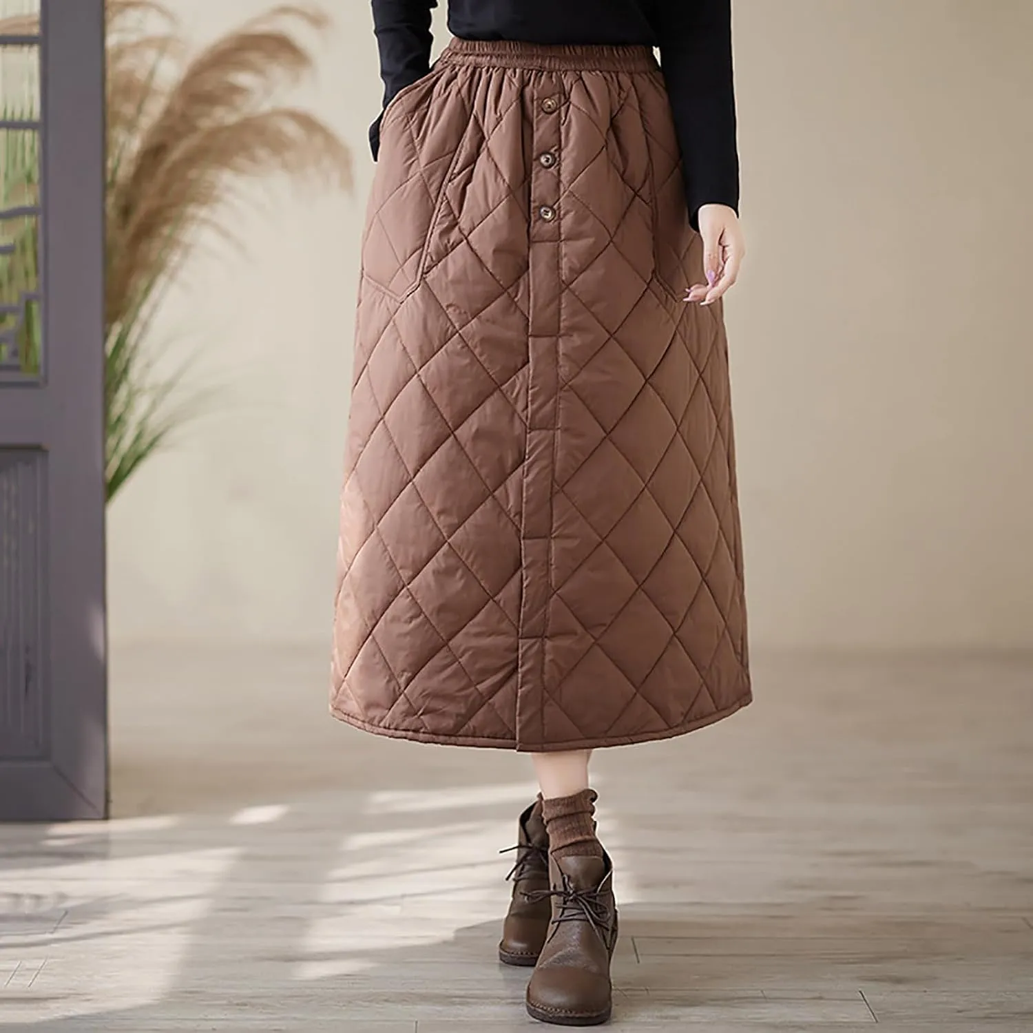Womens Insulated Long Down Skirt Winter Warm Padded Puffer Quilted Skirt with Pockets Windproof A-Line Skirt