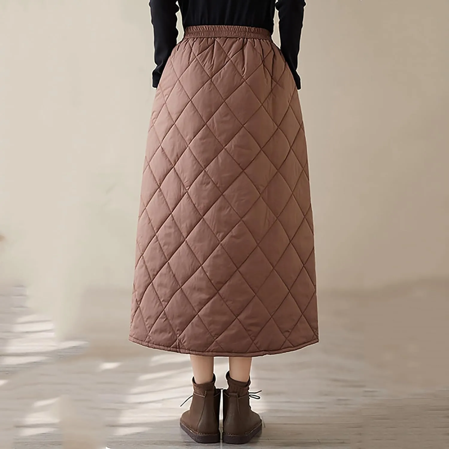 Womens Insulated Long Down Skirt Winter Warm Padded Puffer Quilted Skirt with Pockets Windproof A-Line Skirt