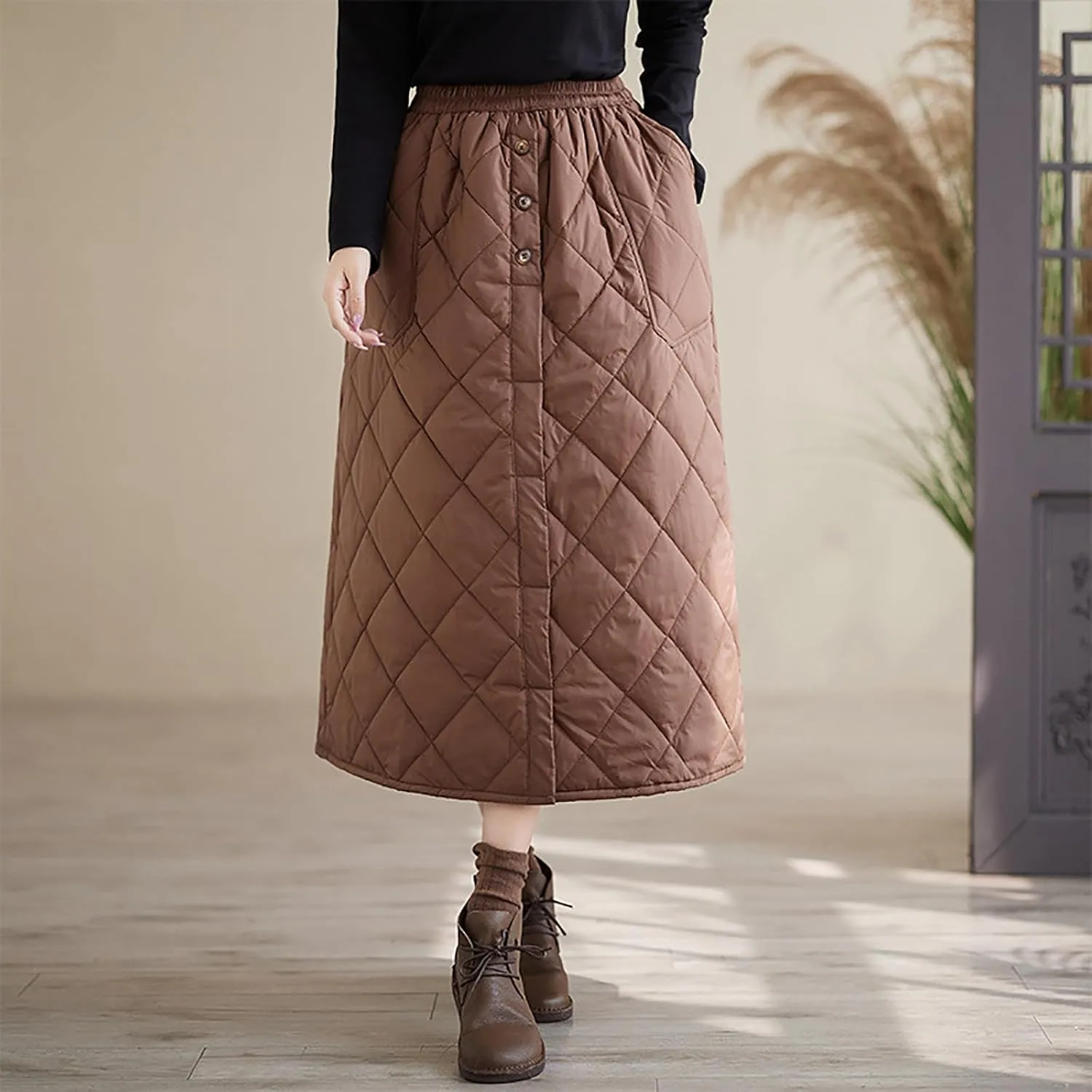 Womens Insulated Long Down Skirt Winter Warm Padded Puffer Quilted Skirt with Pockets Windproof A-Line Skirt