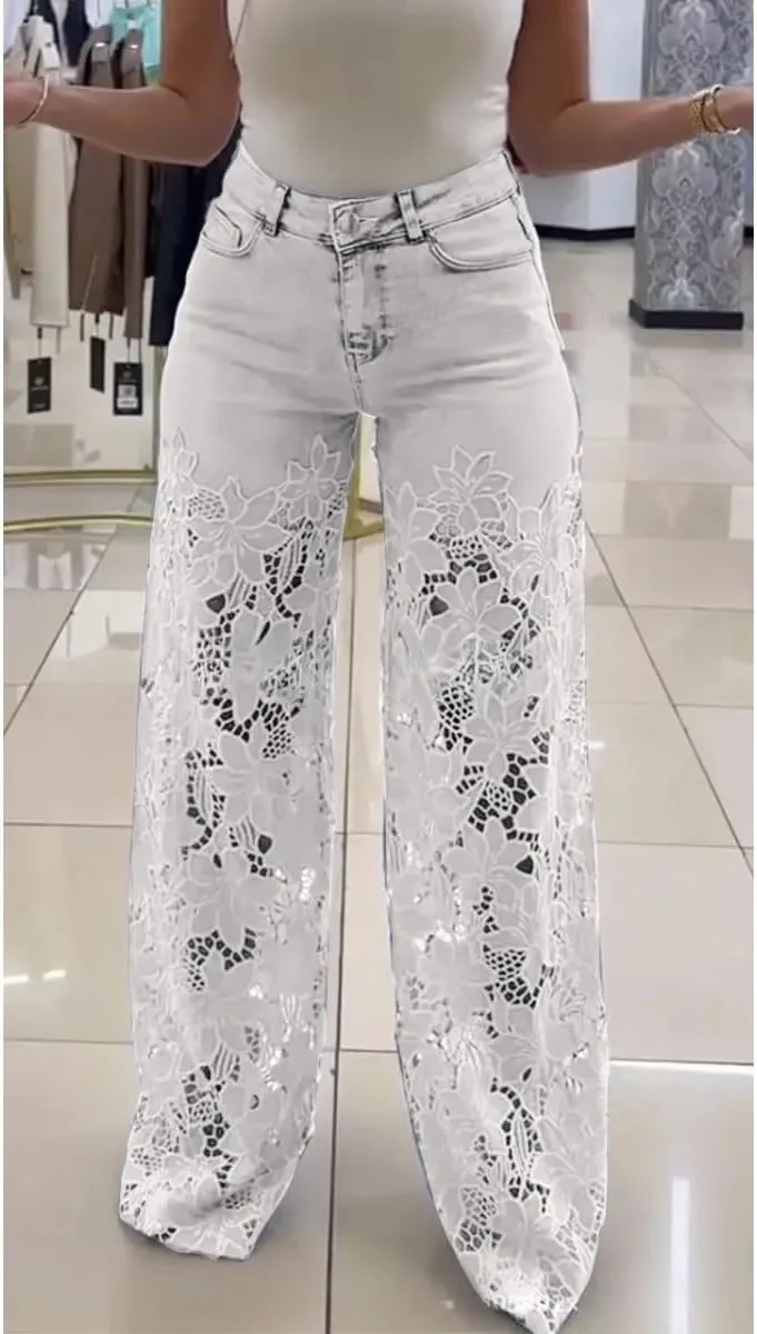 Women's Lace Patchwork Hollow Jeans, Casual Vintage Baggy Straight Wide Leg Denim Pants, Floral Hollow Out Pants