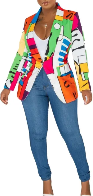 Women's Long Sleeve Lapel One Button Printed Sexy Nightclub Party Casual Blazer Jackets