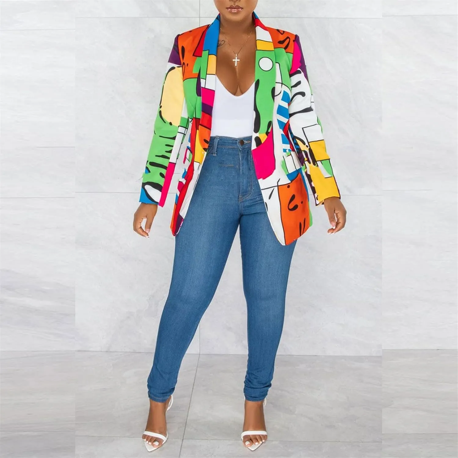 Women's Long Sleeve Lapel One Button Printed Sexy Nightclub Party Casual Blazer Jackets