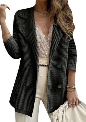 Womens Long Sleeve Tweed Double Breasted Blazer Jackets Lapel Ribbed Open Front Fall Blazers Coats with Pockets