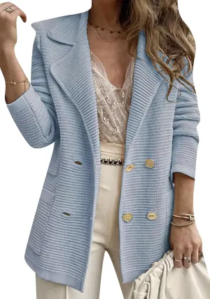 Womens Long Sleeve Tweed Double Breasted Blazer Jackets Lapel Ribbed Open Front Fall Blazers Coats with Pockets