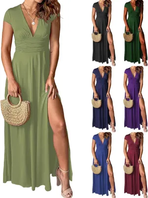 Women's Maxi Dress Deep V-Neck Long Skirt Pleated High Waist Split Dresses Short Sleeve Club Party Evening Dress