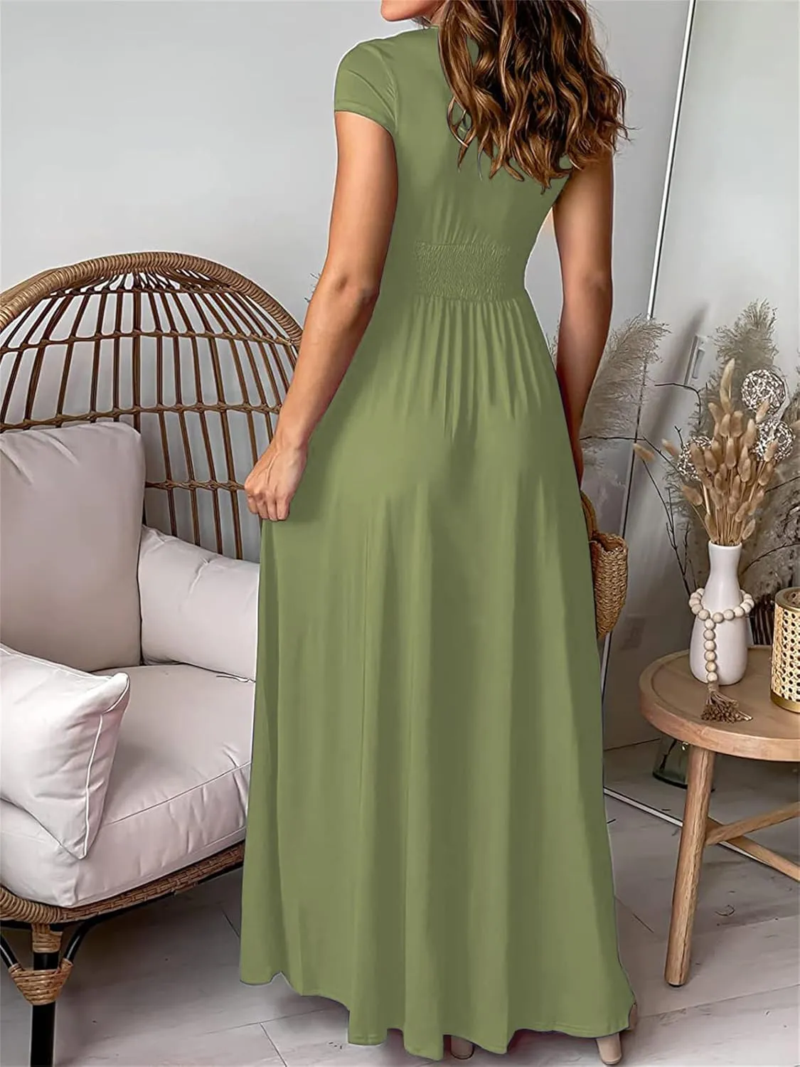 Women's Maxi Dress Deep V-Neck Long Skirt Pleated High Waist Split Dresses Short Sleeve Club Party Evening Dress