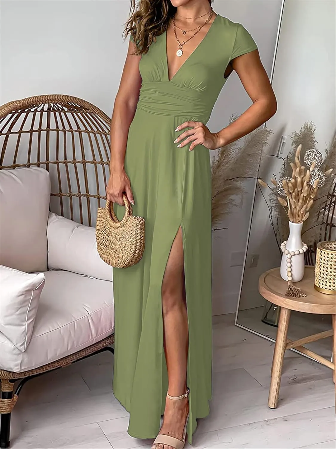 Women's Maxi Dress Deep V-Neck Long Skirt Pleated High Waist Split Dresses Short Sleeve Club Party Evening Dress