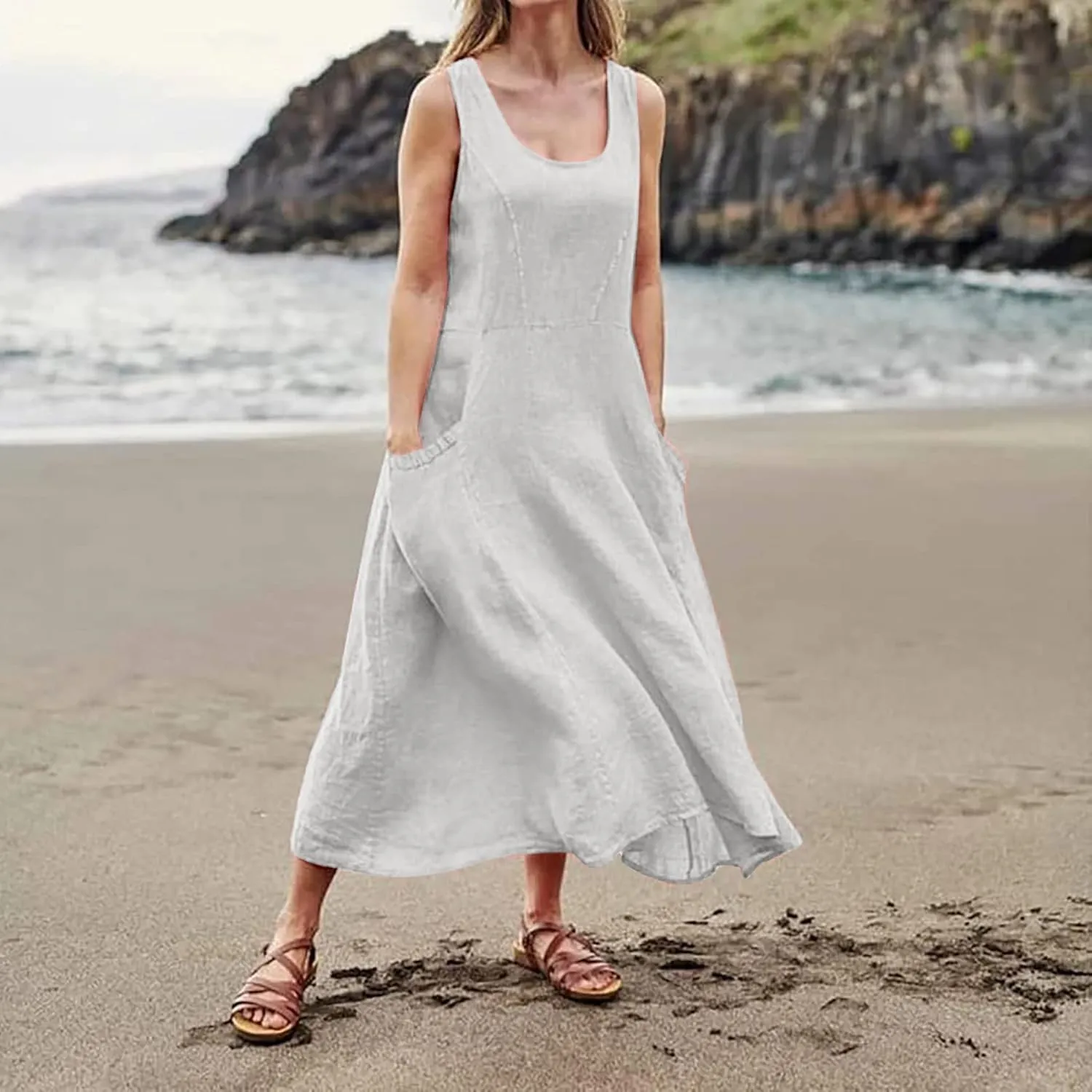 Womens Maxi Linen Dress Sleeveless Plus Size Summer Flowy Beach Dress Vacation Scoop Neck Boho Casual Sundresses