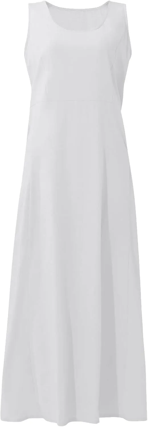 Womens Maxi Linen Dress Sleeveless Plus Size Summer Flowy Beach Dress Vacation Scoop Neck Boho Casual Sundresses