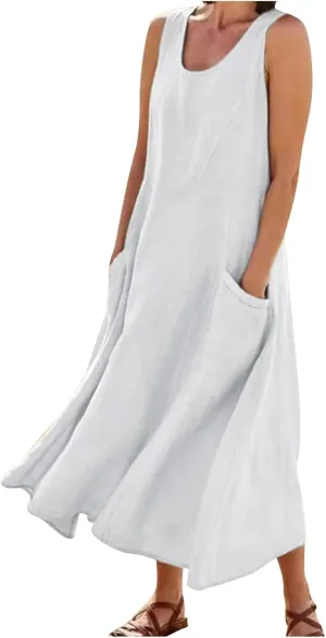 Womens Maxi Linen Dress Sleeveless Plus Size Summer Flowy Beach Dress Vacation Scoop Neck Boho Casual Sundresses