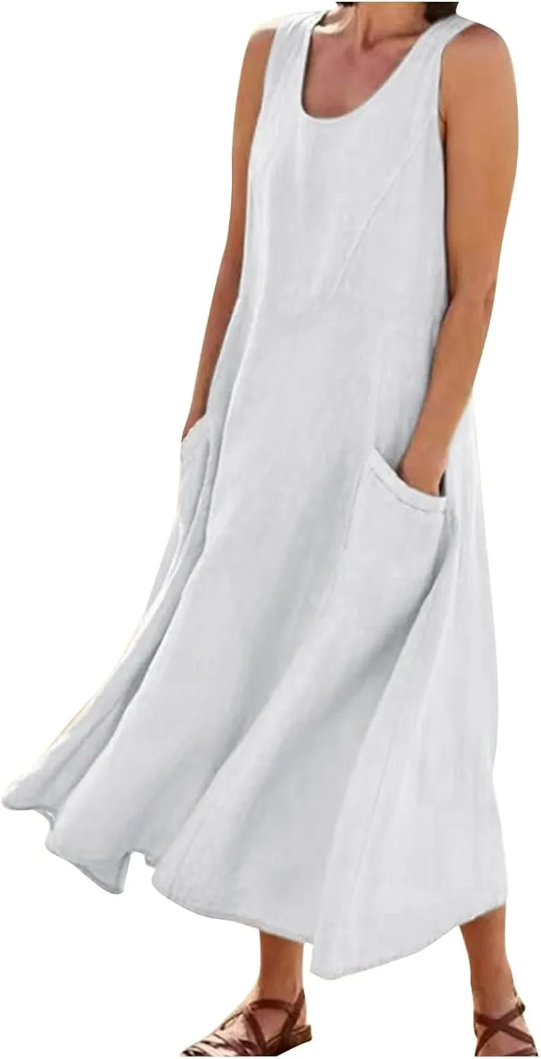 Womens Maxi Linen Dress Sleeveless Plus Size Summer Flowy Beach Dress Vacation Scoop Neck Boho Casual Sundresses