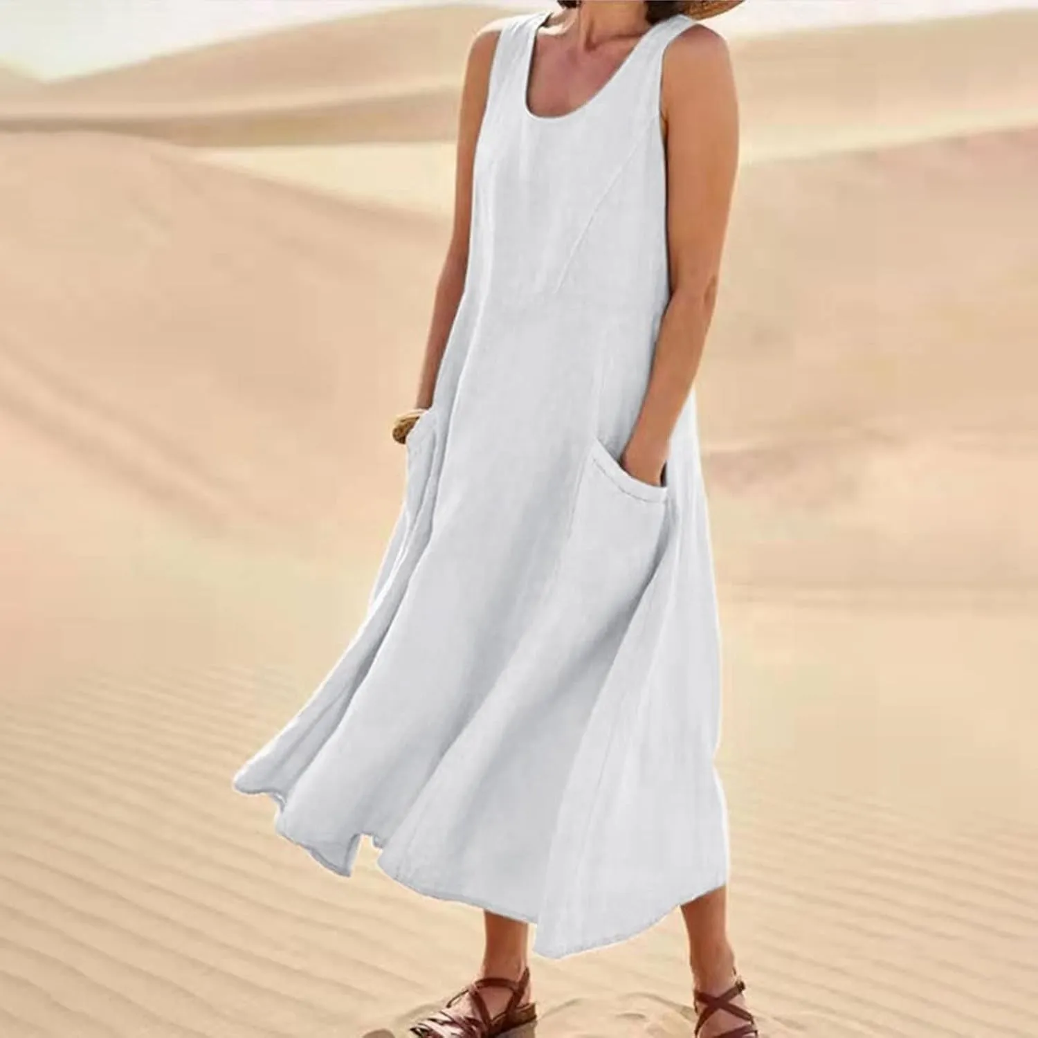 Womens Maxi Linen Dress Sleeveless Plus Size Summer Flowy Beach Dress Vacation Scoop Neck Boho Casual Sundresses