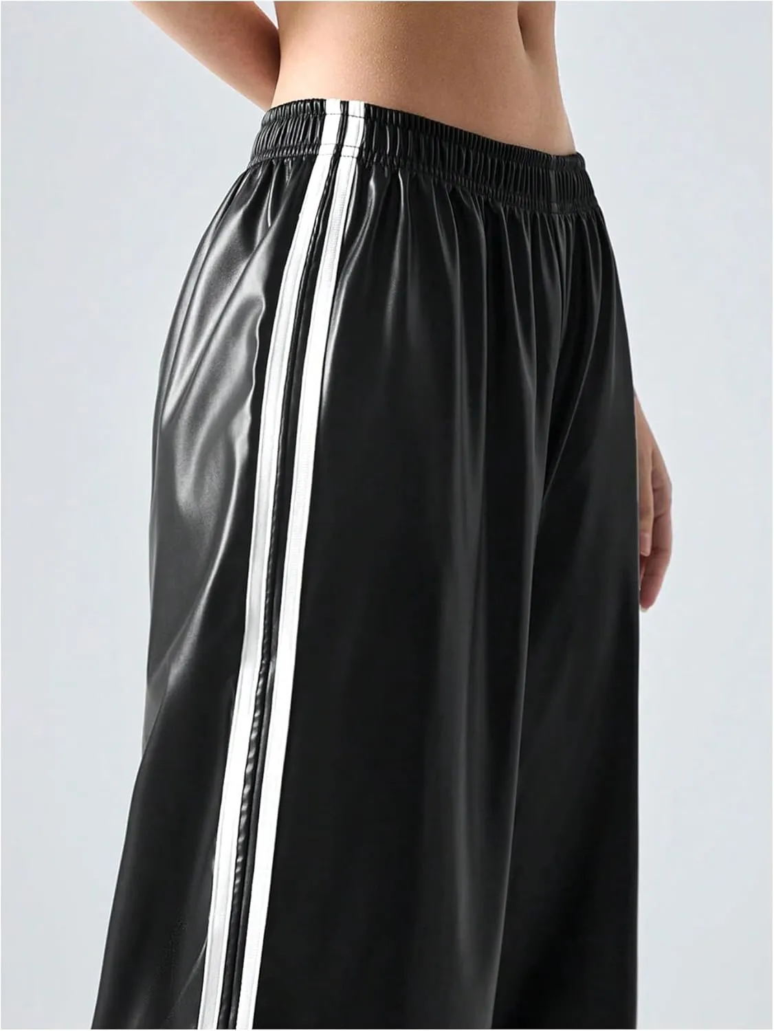 Women's Metallic Elastic Waist Sweatpants Side Stripe PU Leather Wide Leg Athletic Pants