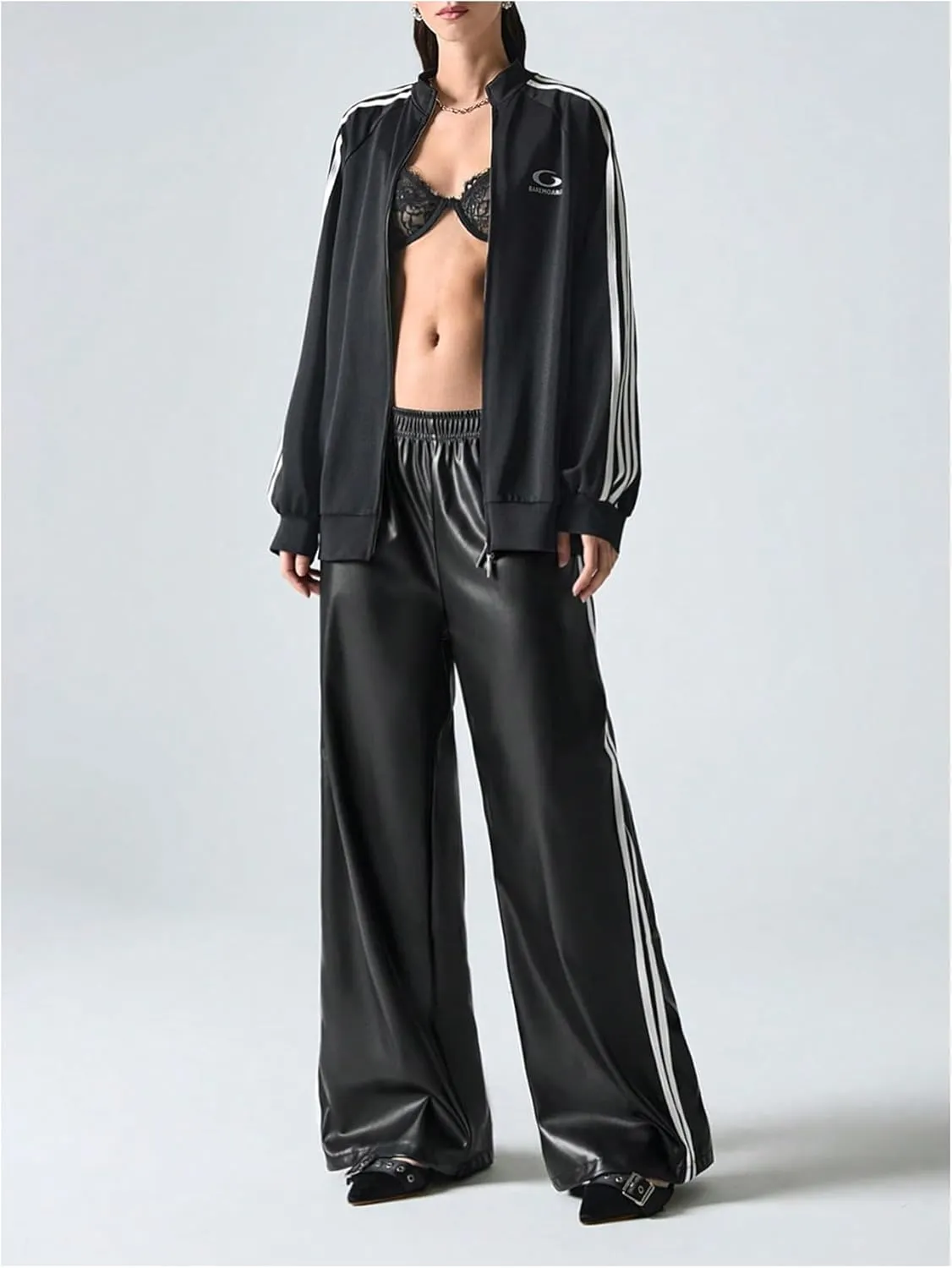 Women's Metallic Elastic Waist Sweatpants Side Stripe PU Leather Wide Leg Athletic Pants