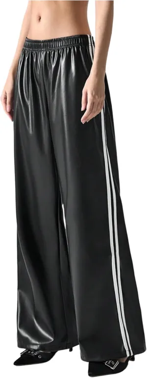 Women's Metallic Elastic Waist Sweatpants Side Stripe PU Leather Wide Leg Athletic Pants