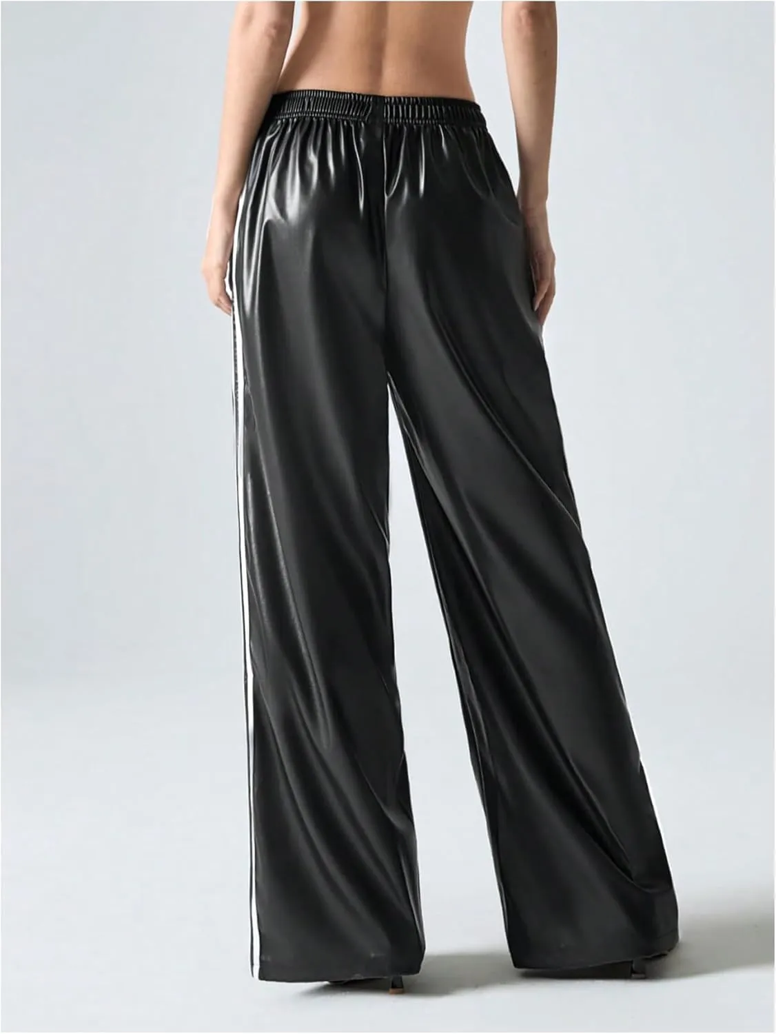 Women's Metallic Elastic Waist Sweatpants Side Stripe PU Leather Wide Leg Athletic Pants