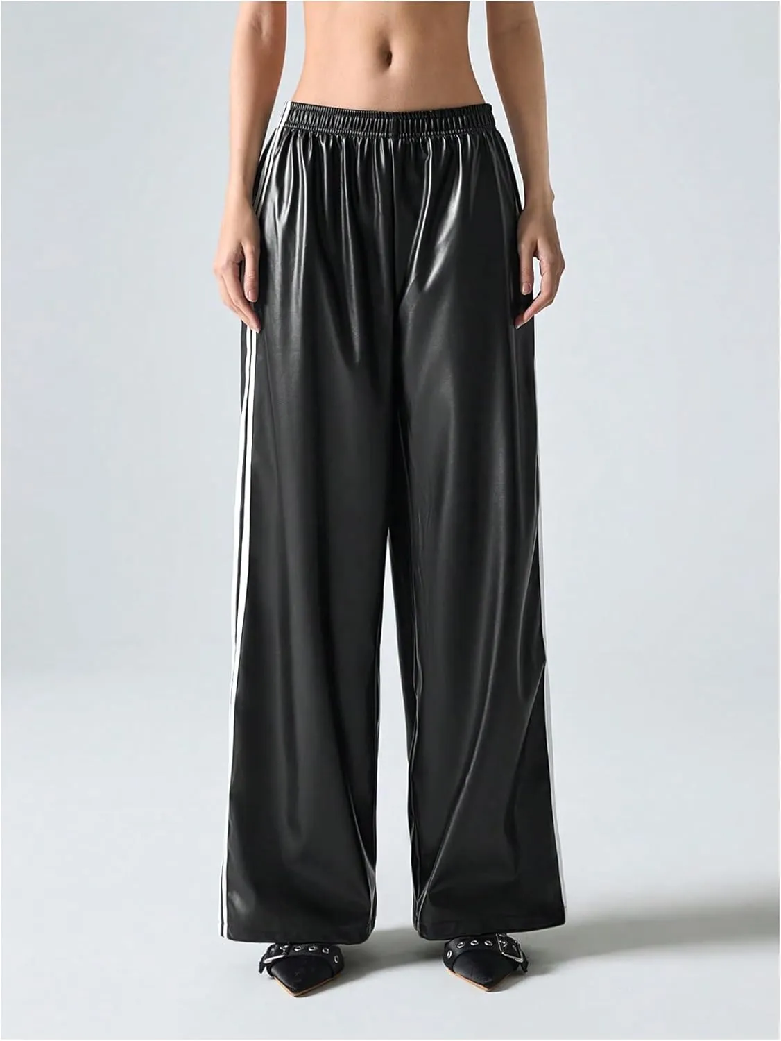 Women's Metallic Elastic Waist Sweatpants Side Stripe PU Leather Wide Leg Athletic Pants