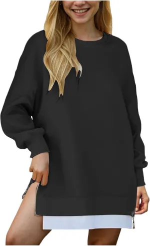 Womens Oversized Sweatshirt Crewneck Long Sleeve Tunic Pollover Shirt Side Zipper Hoodie Tops 2025 Spring Clothes