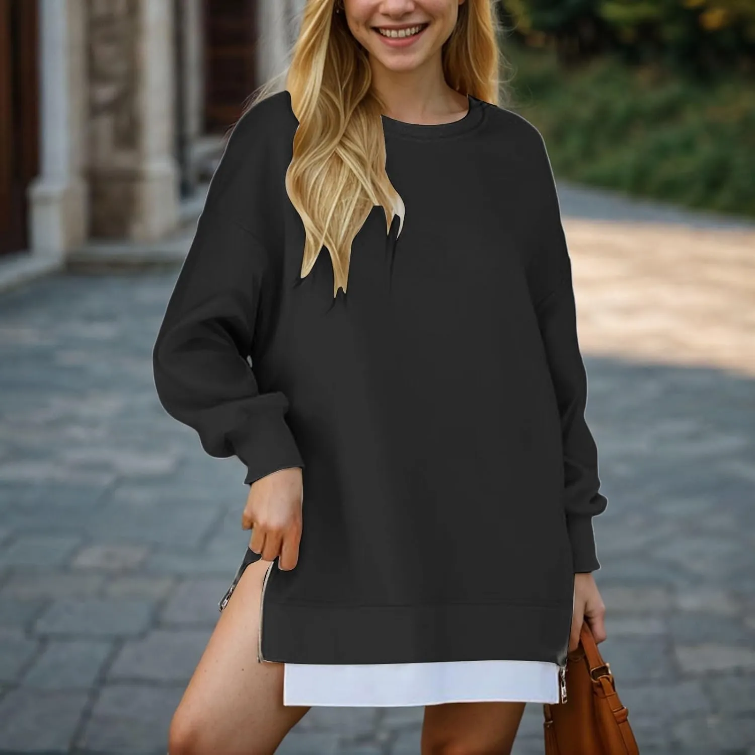 Womens Oversized Sweatshirt Crewneck Long Sleeve Tunic Pollover Shirt Side Zipper Hoodie Tops 2025 Spring Clothes