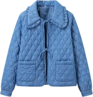 Women's Quilted Lightweight Jackets Long Sleeve Winter Cropped Cotton Padded Coat Jacket Tie Front Puffy Outwear
