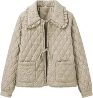 Women's Quilted Lightweight Jackets Long Sleeve Winter Cropped Cotton Padded Coat Jacket Tie Front Puffy Outwear
