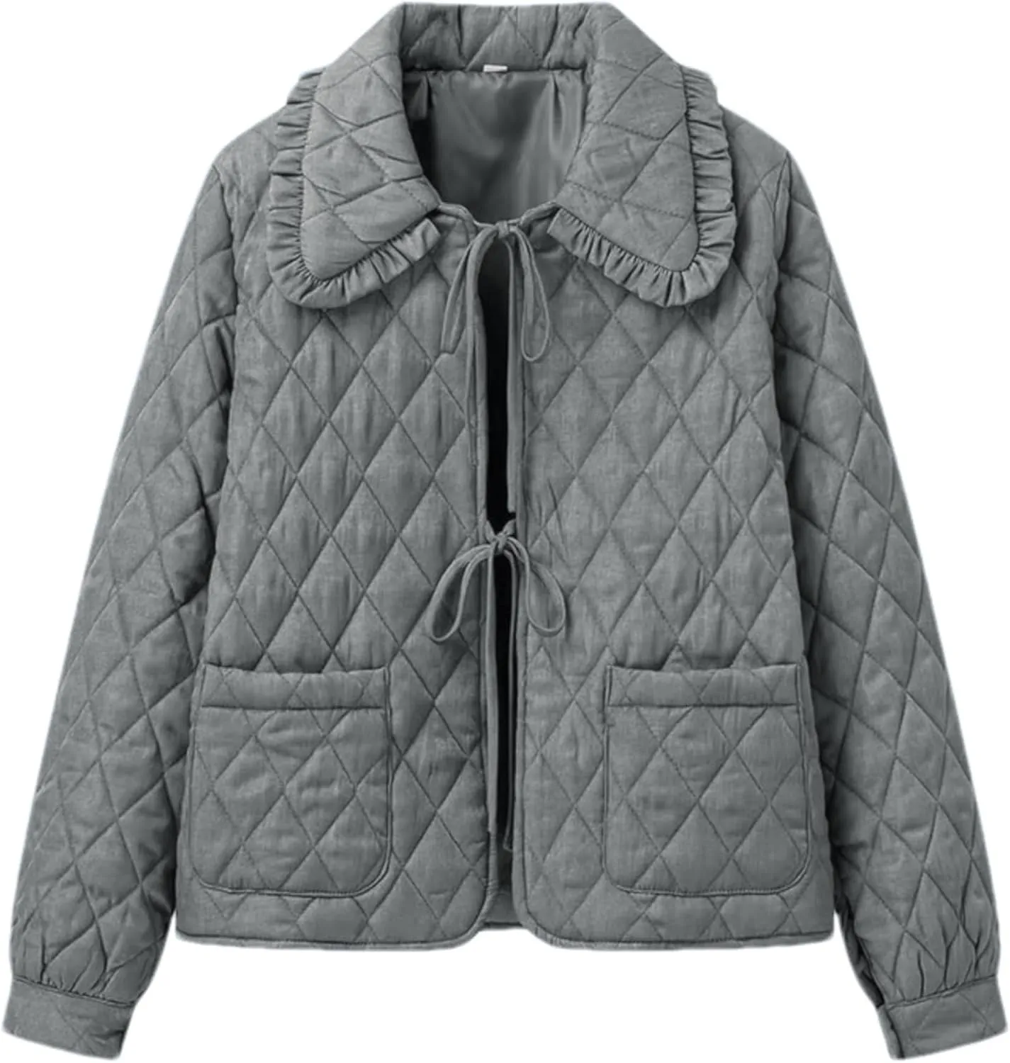 Women's Quilted Lightweight Jackets Long Sleeve Winter Cropped Cotton Padded Coat Jacket Tie Front Puffy Outwear