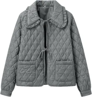 Women's Quilted Lightweight Jackets Long Sleeve Winter Cropped Cotton Padded Coat Jacket Tie Front Puffy Outwear