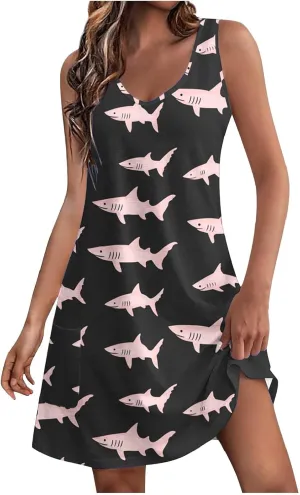 Womens Summer Beach Dress Sleeveless Tropical Floral Boho Sundress Swimsuit Coverup Tank Dresses for Travel Vacation