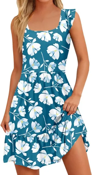 Womens Summer Dress Casual Square Neck Ruffle Tiered Floral Sundress Boho Beach A Line Cute Mini Dress with Pockets