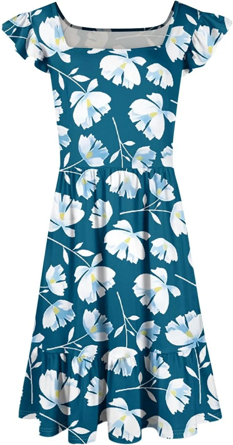 Womens Summer Dress Casual Square Neck Ruffle Tiered Floral Sundress Boho Beach A Line Cute Mini Dress with Pockets
