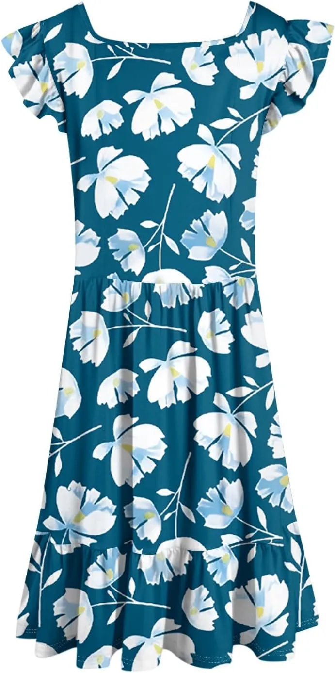 Womens Summer Dress Casual Square Neck Ruffle Tiered Floral Sundress Boho Beach A Line Cute Mini Dress with Pockets