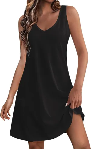 Women's Summer Dresses 2024 Beach Casual Sleeveless Floral Print Boho Tank Dress V Neck Loose Sundress with Pocket