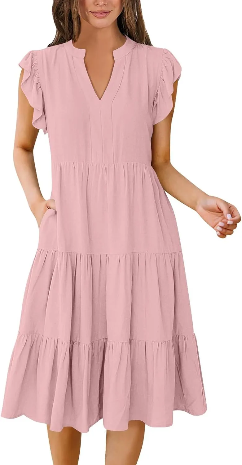 Womens Summer Dresses Ruffle Short Sleeve V Neck Midi Dress Casual Boho Flowy Tiered Beach Sundress with Pockets 2024