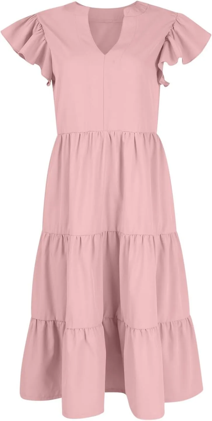 Womens Summer Dresses Ruffle Short Sleeve V Neck Midi Dress Casual Boho Flowy Tiered Beach Sundress with Pockets 2024