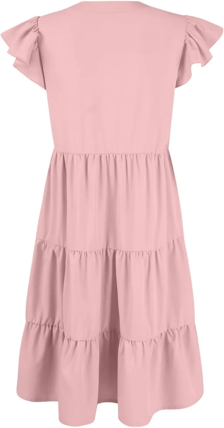 Womens Summer Dresses Ruffle Short Sleeve V Neck Midi Dress Casual Boho Flowy Tiered Beach Sundress with Pockets 2024