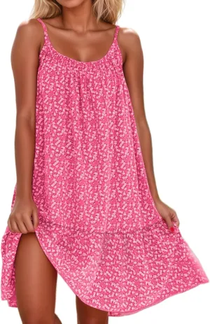 Womens Summer Floral Sleeveless Mini Dress Spaghetti Straps Ruffle Hem Sundress Boho Beach Swing Short Dresses
