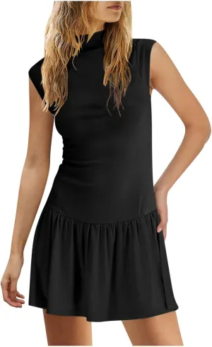 Womens Summer Modal Tank Mini Dress 2025 Fashion Stand Collar Cap Sleeve Ruffle Cute Beach Casual Vacation Dresses