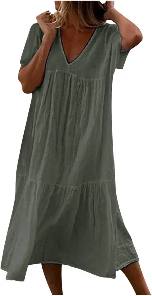 Womens Summer Short Sleeve V Neck Midi Dress 2025 Fashion Casual Fit Flowy Tiered Boho Beach Vacation Sundress