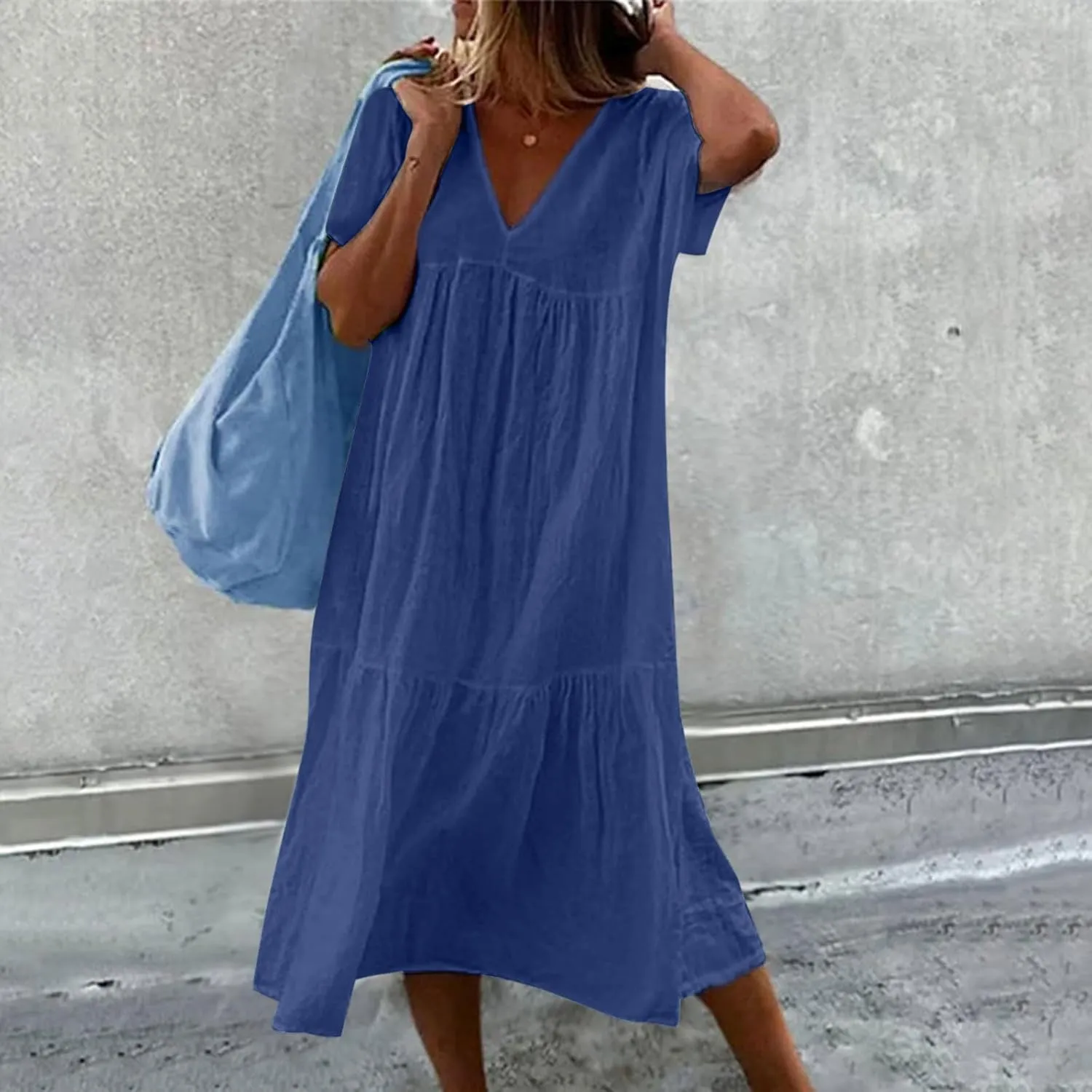 Womens Summer Short Sleeve V Neck Midi Dress 2025 Fashion Casual Fit Flowy Tiered Boho Beach Vacation Sundress