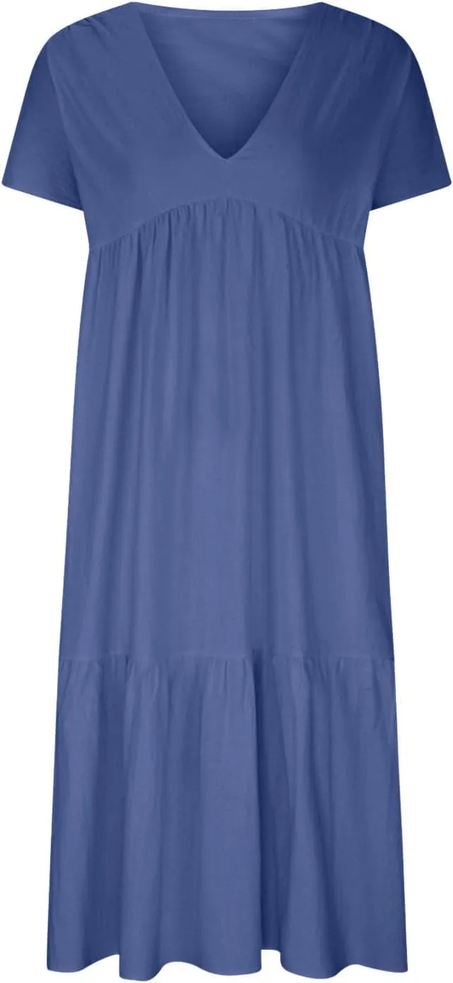 Womens Summer Short Sleeve V Neck Midi Dress 2025 Fashion Casual Fit Flowy Tiered Boho Beach Vacation Sundress